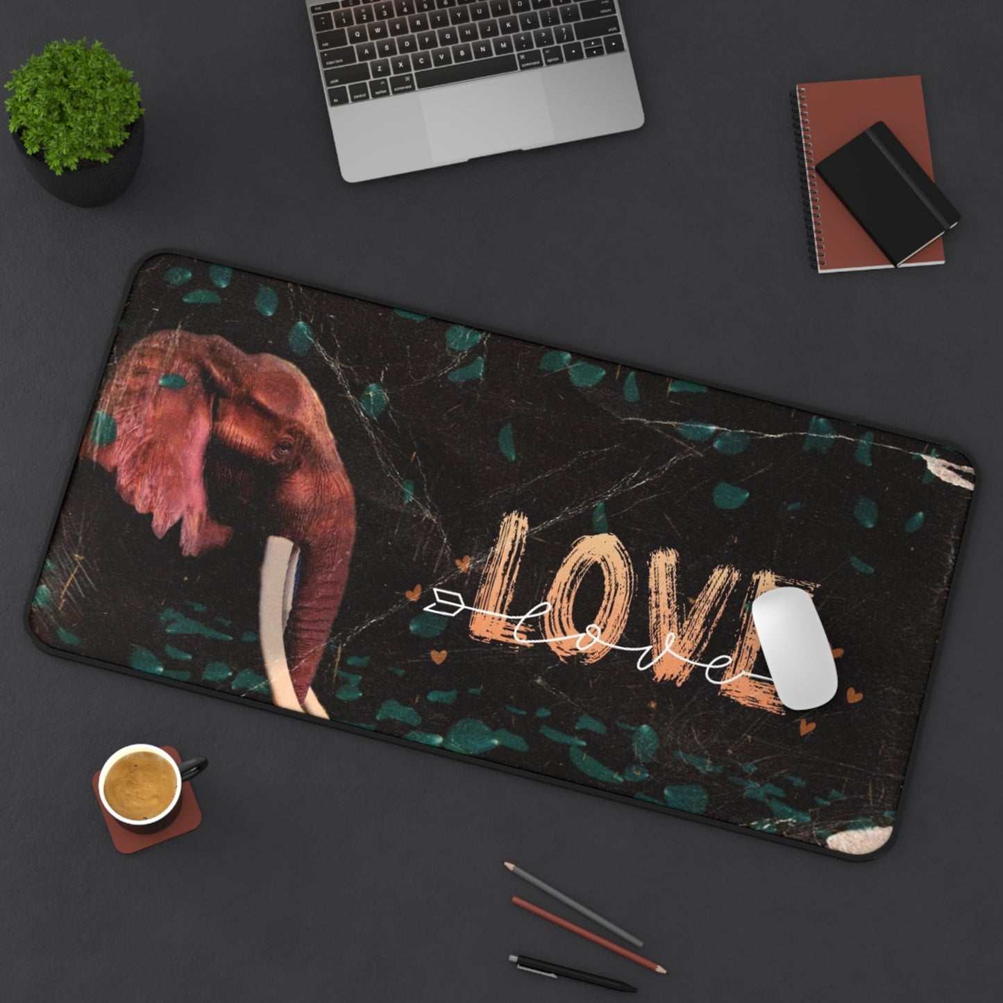 Love Elephant Desk Mat — Wildlife Floral Mouse Pad for Home Office
