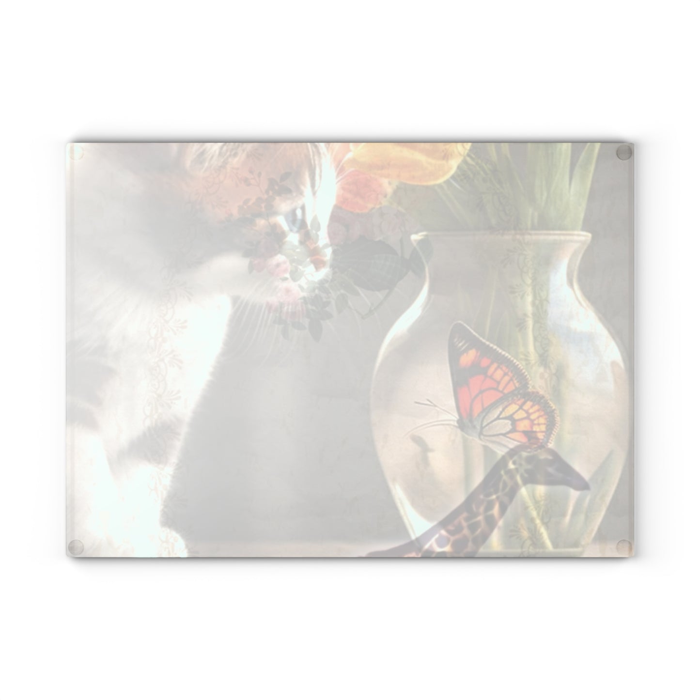 Cat, Safari Giraffe And Floral Glass Cutting Board – Decorative Kitchen Board, { Cat Lover Gift }