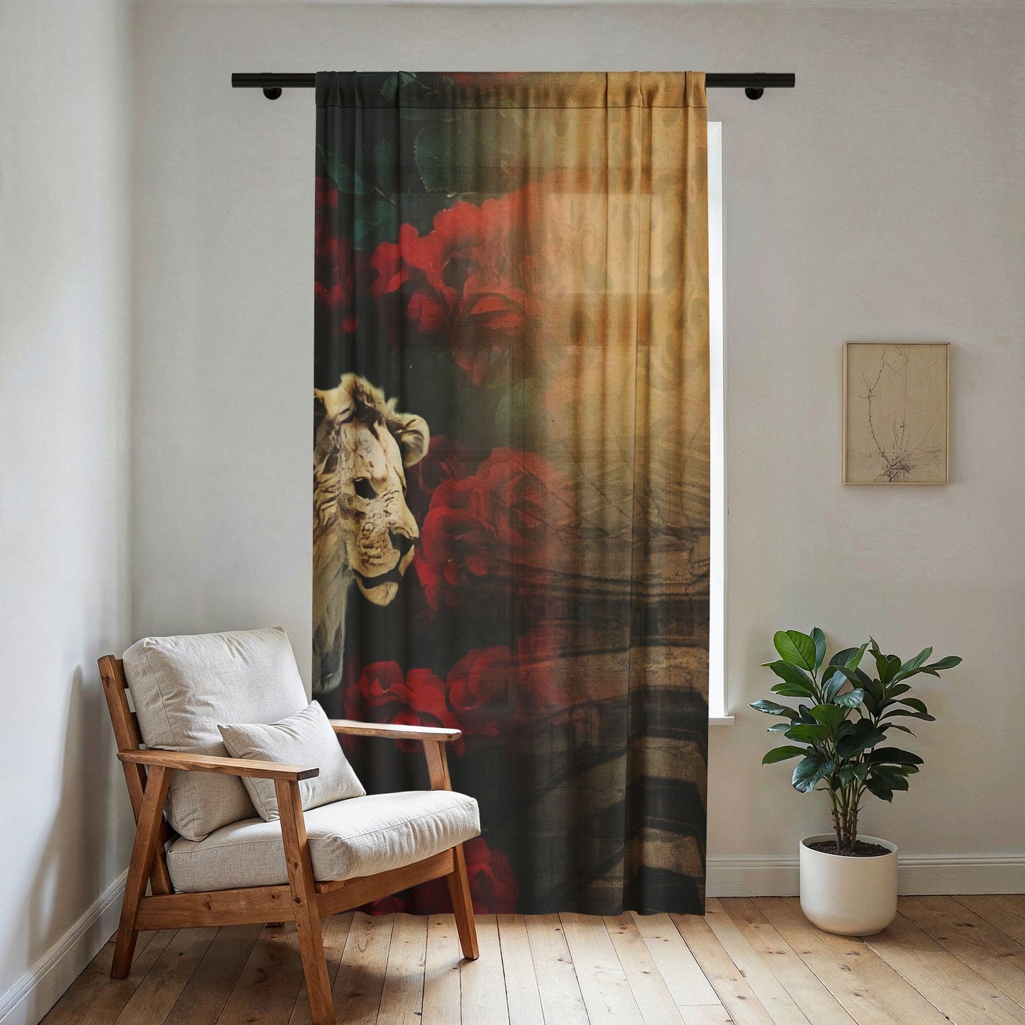 Sheer Curtain – Vintage Dimensional Gazing Lion & Red Roses Window Panel
