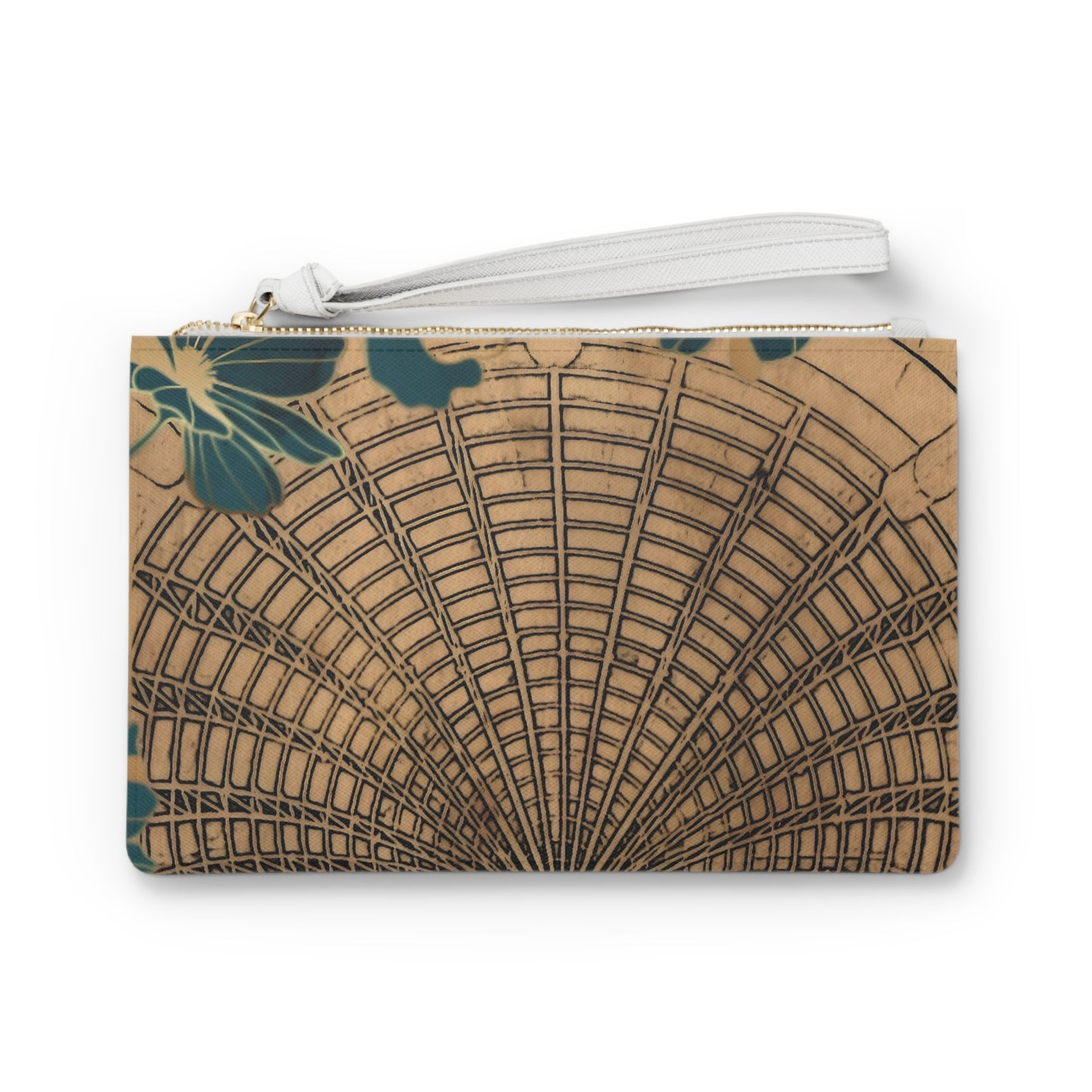 Vintage Botanical Makeup Bag — Green Floral Fan Pattern Wristlet