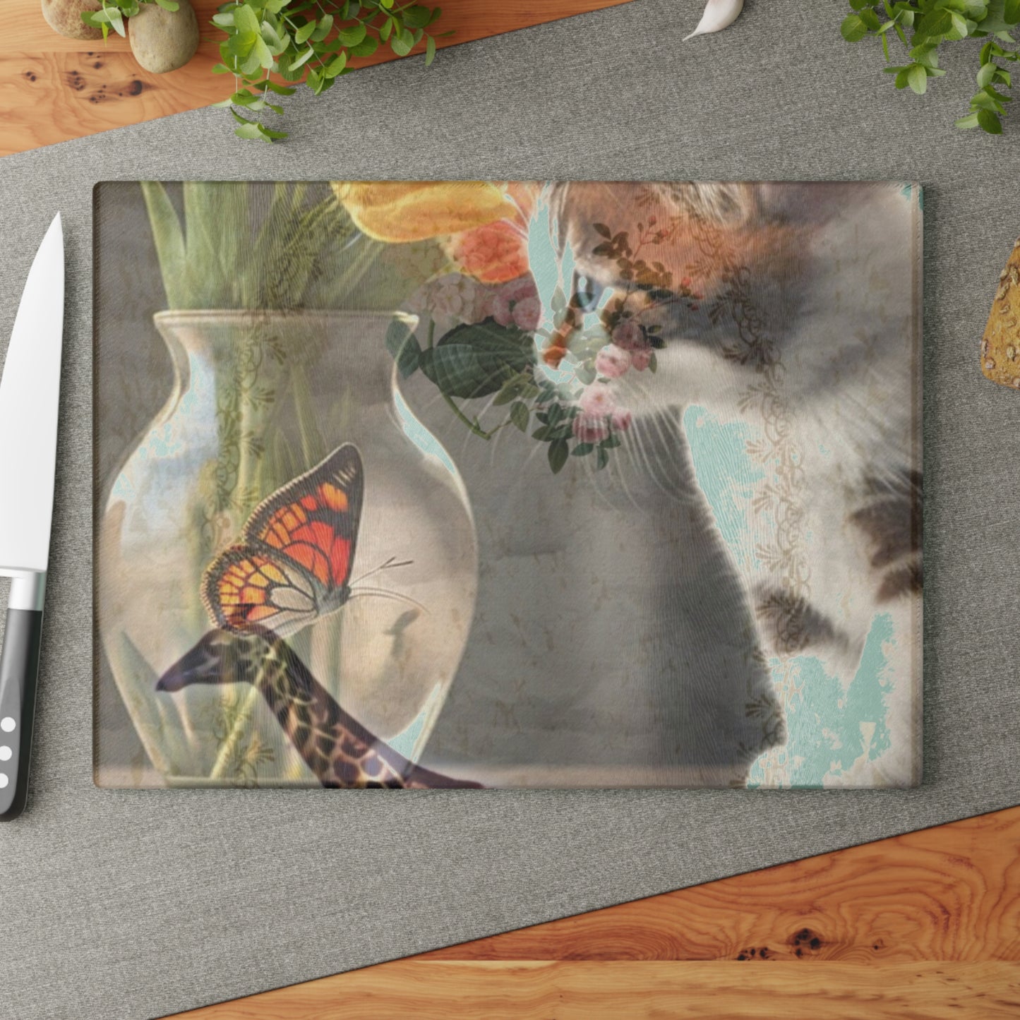 Cat, Safari Giraffe And Floral Glass Cutting Board – Decorative Kitchen Board, { Cat Lover Gift }