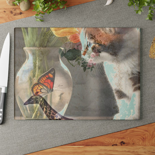 Cat, Safari Giraffe And Floral Glass Cutting Board – Decorative Kitchen Board, { Cat Lover Gift }