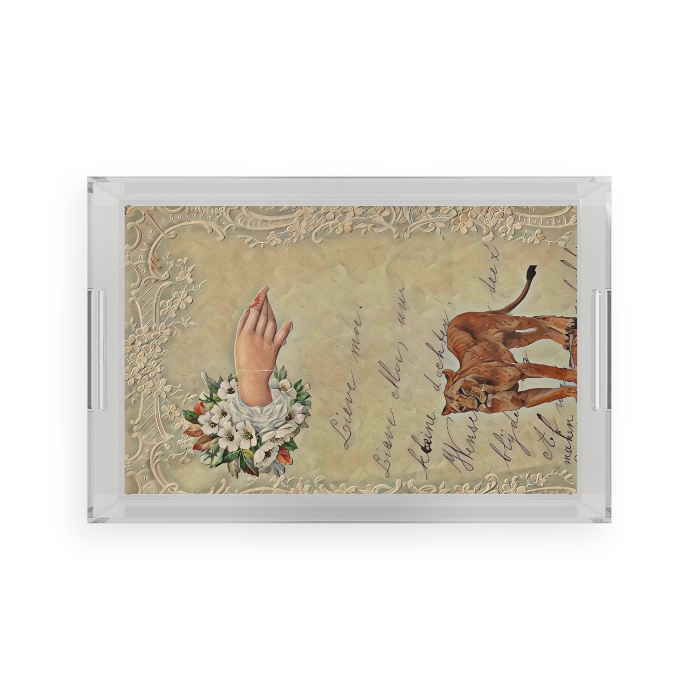 Vintage Floral/ Lioness Acrylic Serving Tray with Hand Design