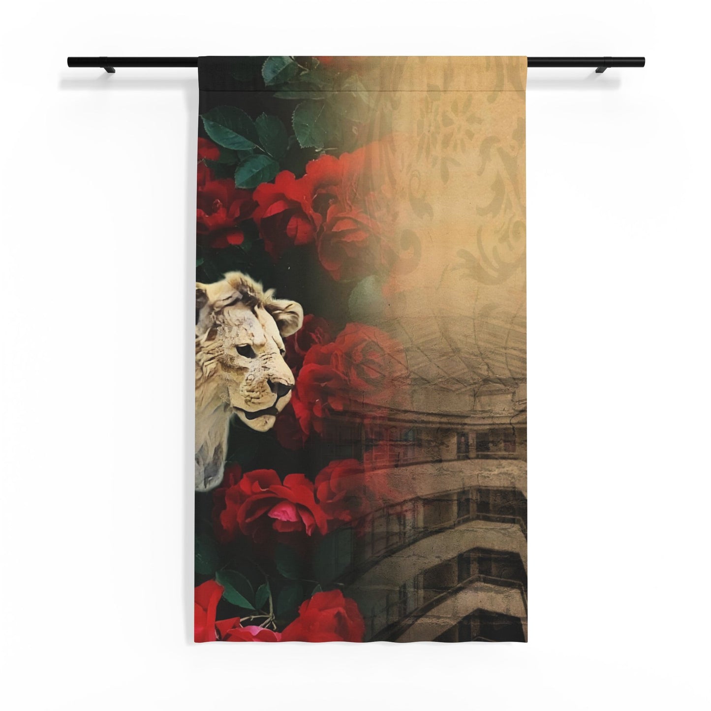 Sheer Curtain – Vintage Dimensional Gazing Lion & Red Roses Window Panel