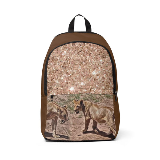Safari Spirit Fabric Backpack - Trendy Glitter Design with Lions