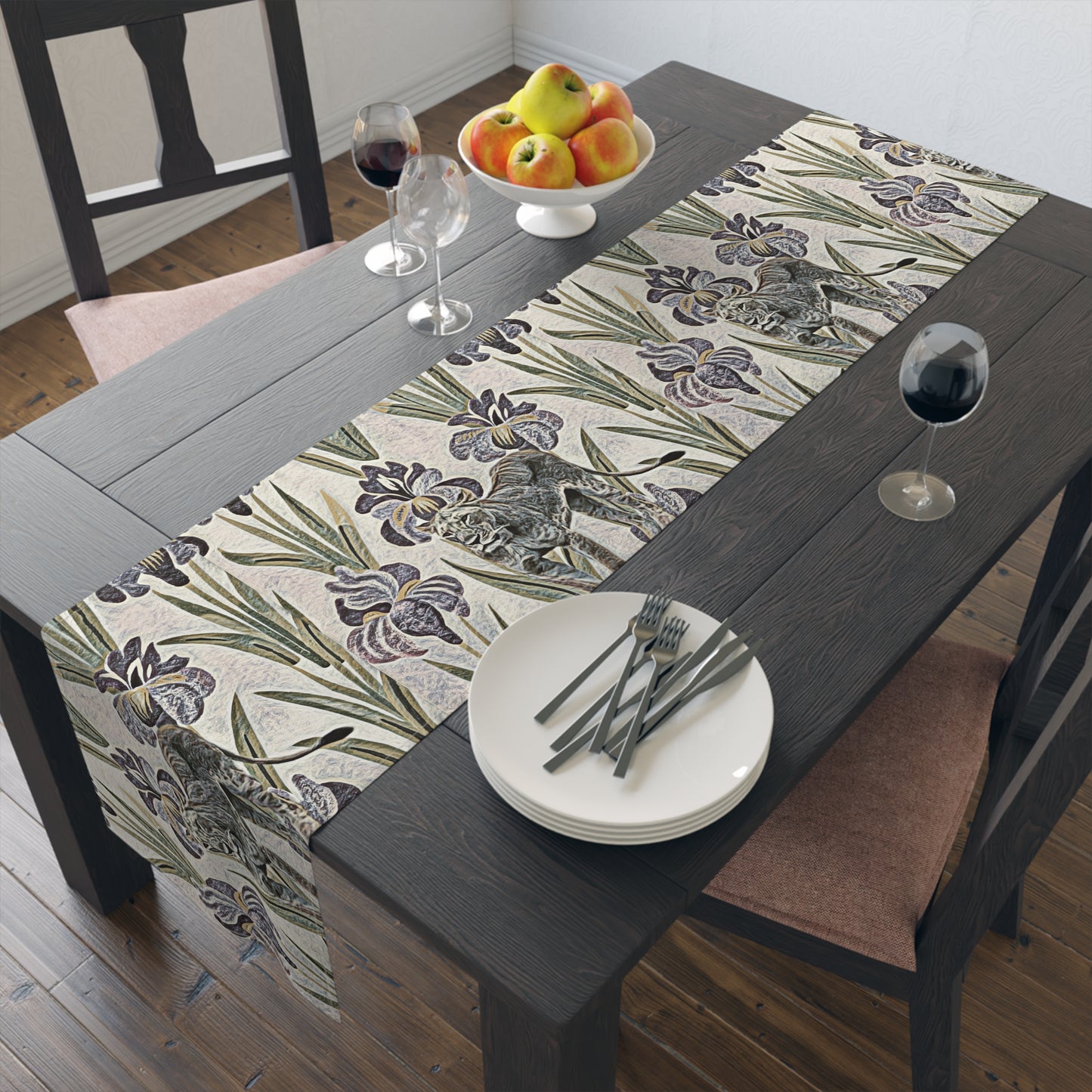Vintage Floral & Safari Inspired Table Runner – Iris Pattern Cotton-Poly Blend