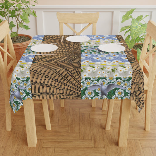 Vintage Daisy & Architectural Patchwork Tablecloth — Floral Cottagecore Table Cover
