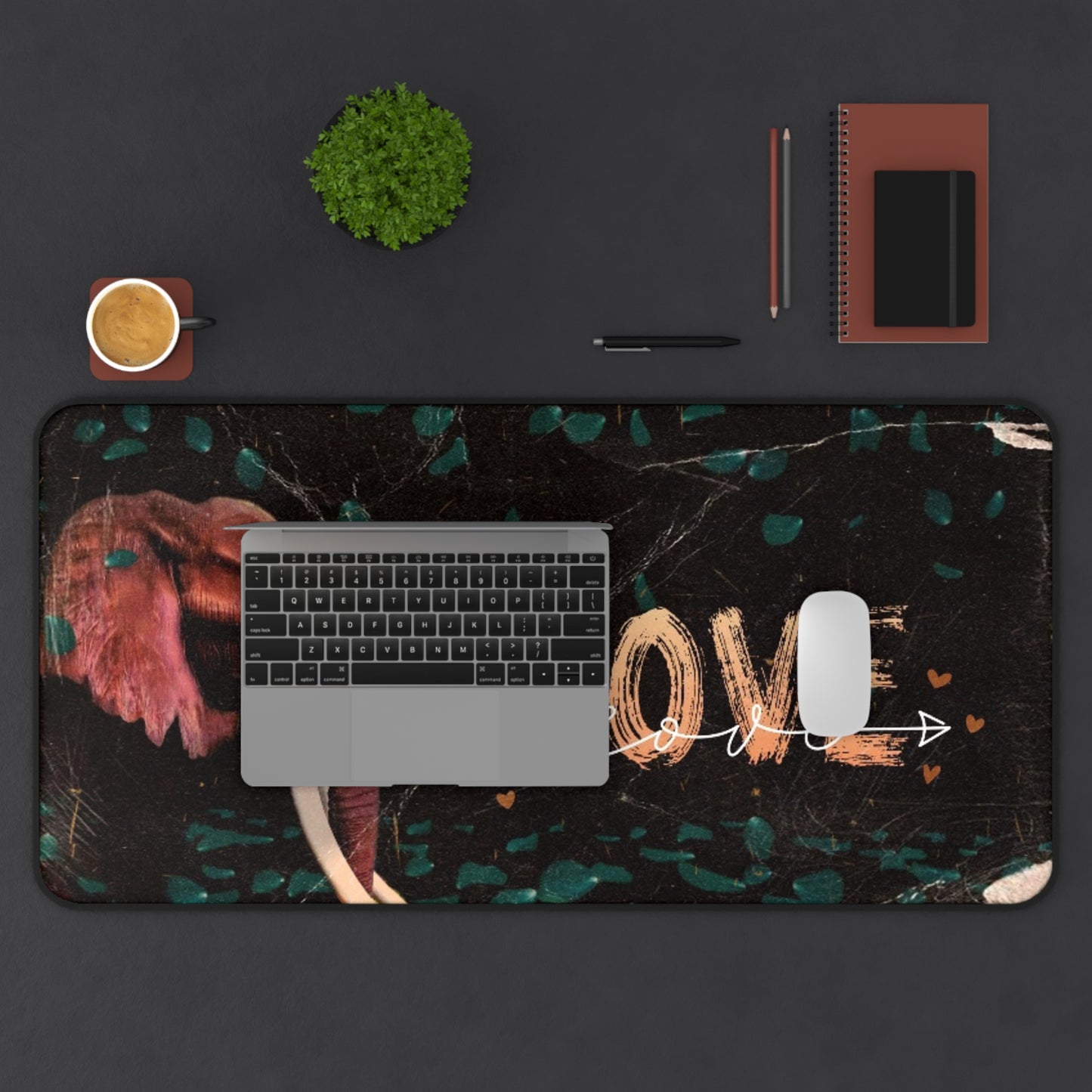 Love Elephant Desk Mat — Wildlife Floral Mouse Pad for Home Office