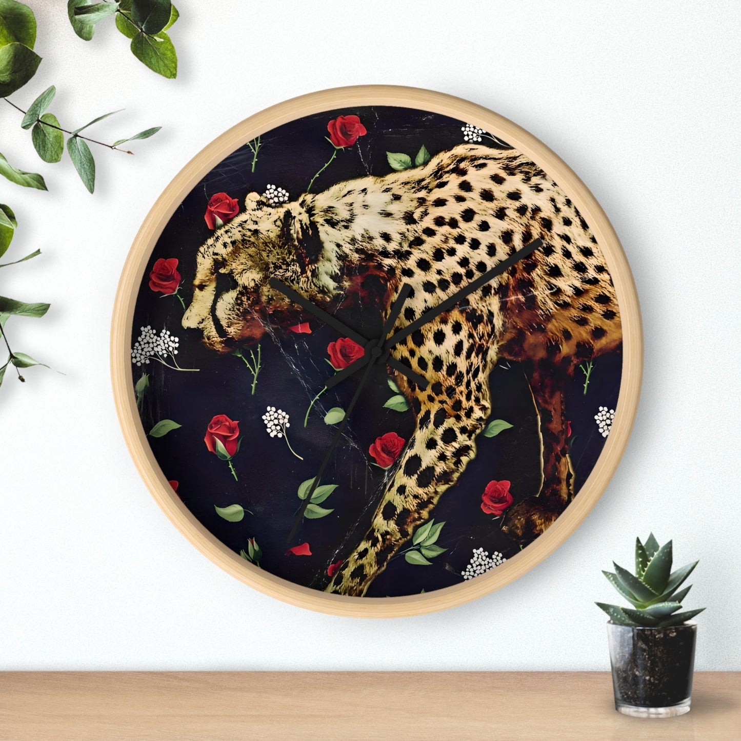 Elegant Cheetah Wall Clock with Rose Design - Wild Animal Decor for Home