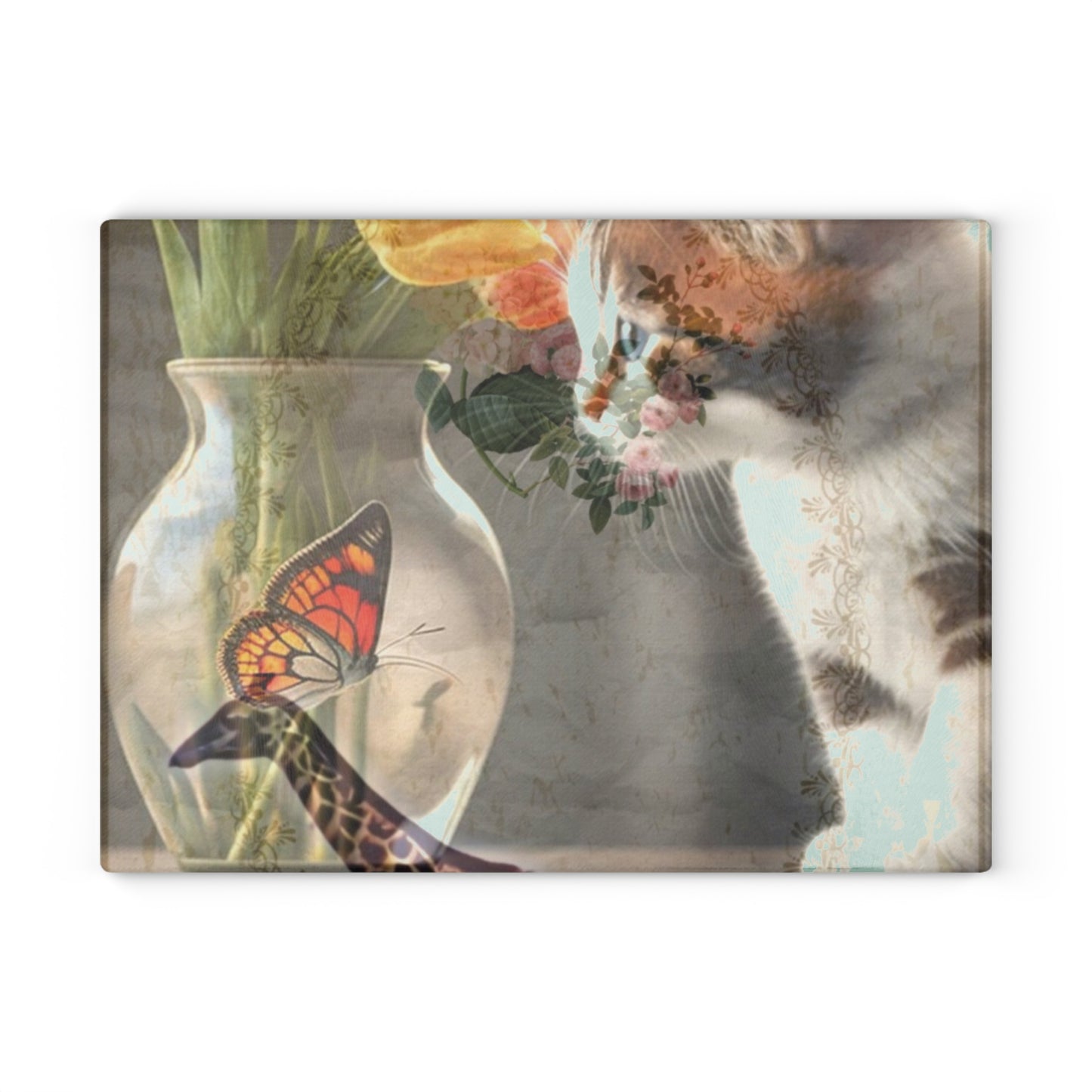 Cat, Safari Giraffe And Floral Glass Cutting Board – Decorative Kitchen Board, { Cat Lover Gift }