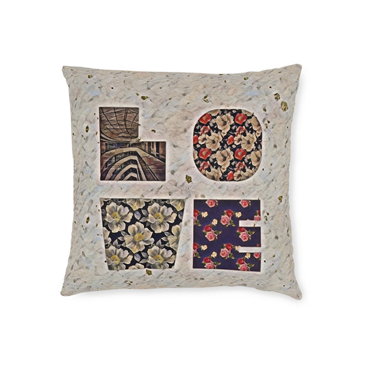 LOVE Floral Patchwork Square Pillow ~Print Design~ — Vintage Rose Decorative Throw Pillow