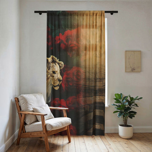 Sheer Curtain – Vintage Dimensional Gazing Lion & Red Roses Window Panel
