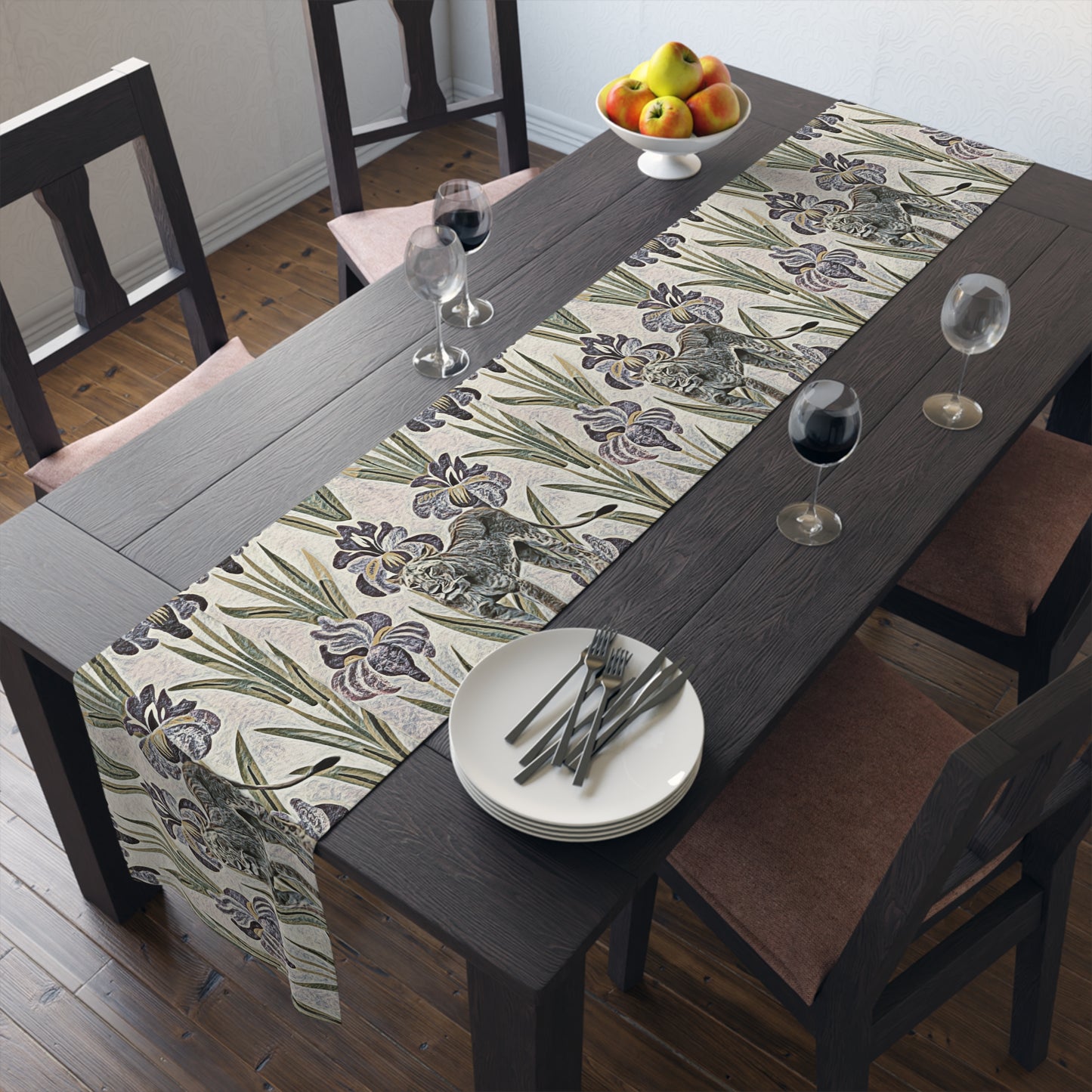 Vintage Floral & Safari Inspired Table Runner – Iris Pattern Cotton-Poly Blend