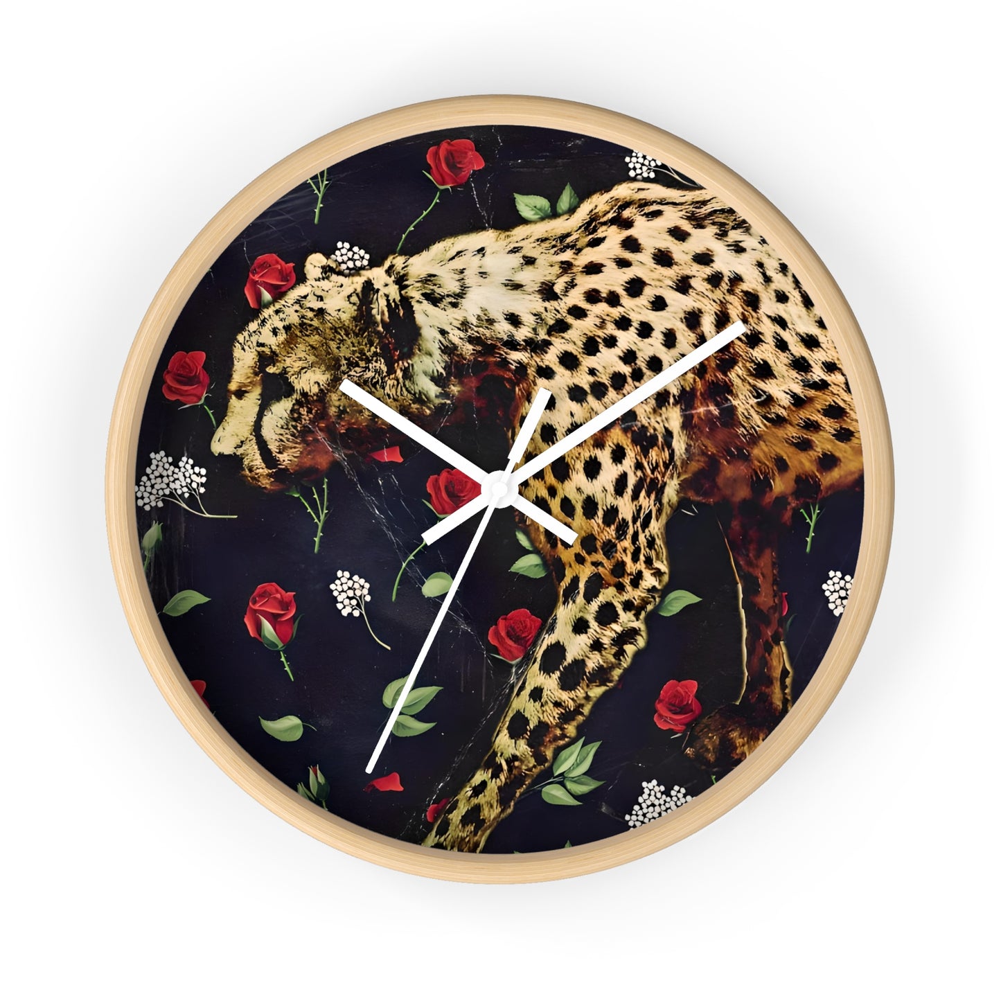 Elegant Cheetah Wall Clock with Rose Design - Wild Animal Decor for Home