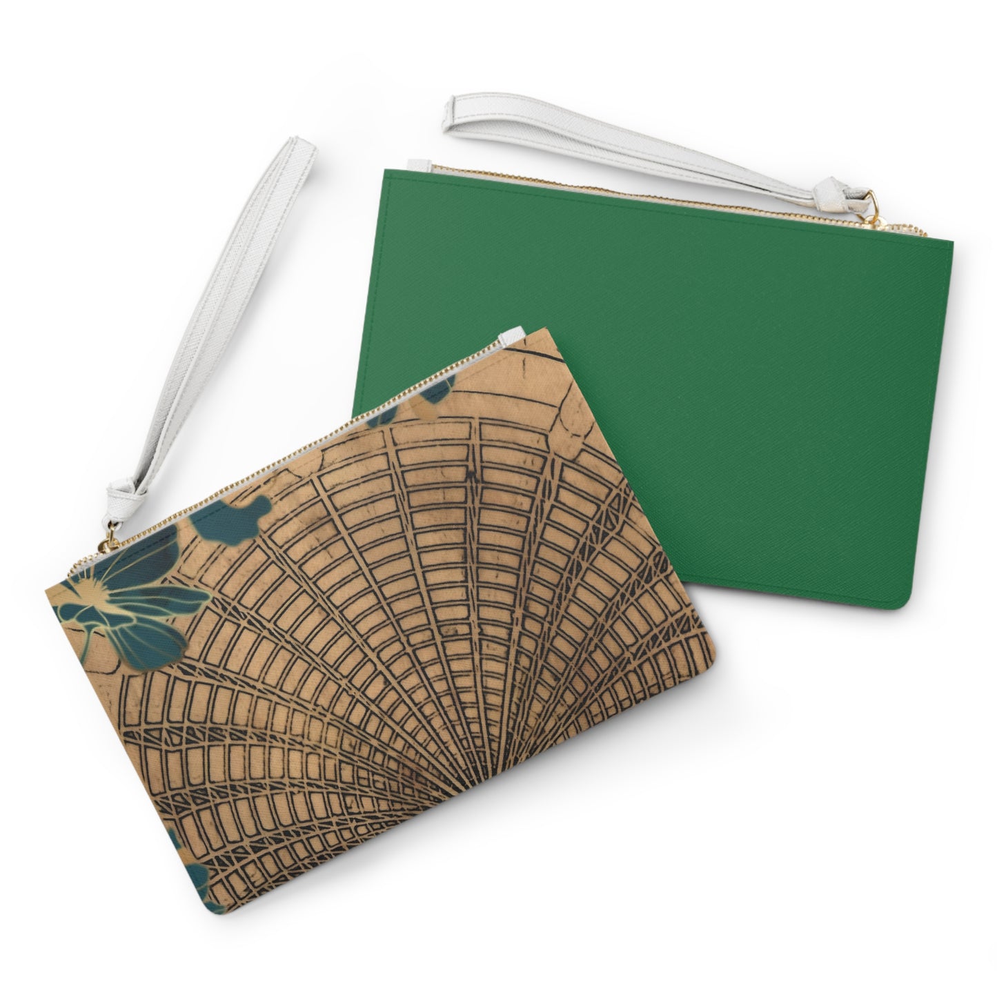Vintage Botanical Makeup Bag — Green Floral Fan Pattern Wristlet